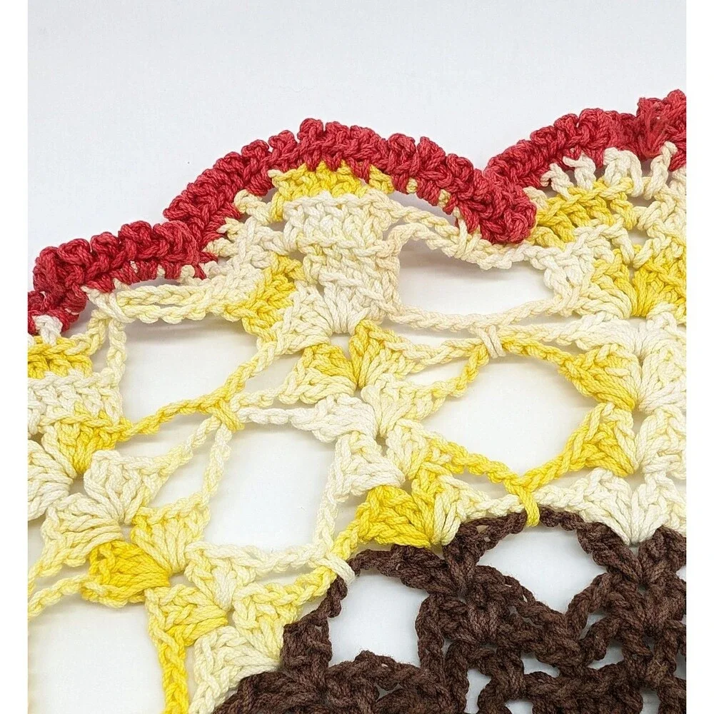 Retro Hand Crocheted Round Cotton Doily Brown Yellow Red Color Changing 15